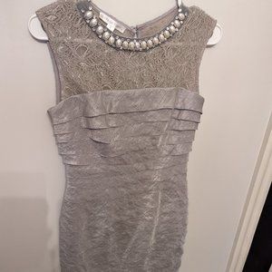 semiformal/formal silver London Times tiered dress with pearl neckline, size 2